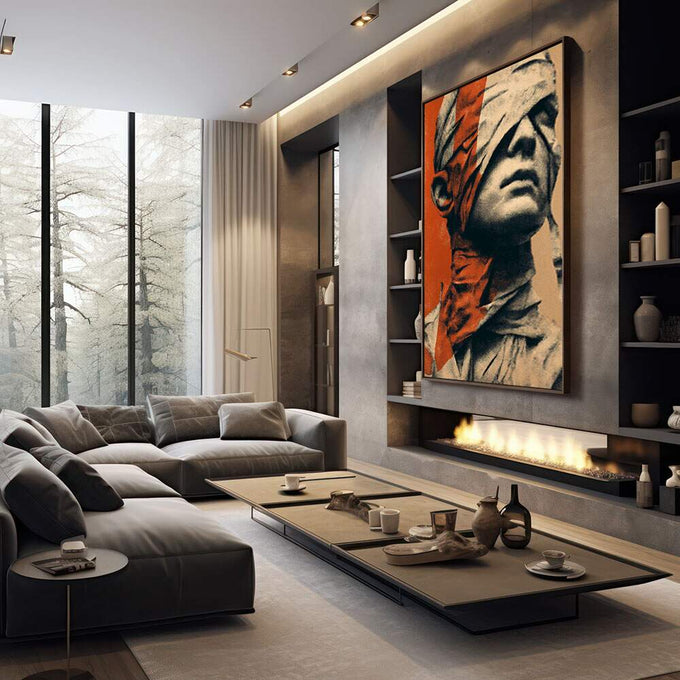 Quadro Decorativo Força em Vulnerabilidade | quadros decorativos premium | Retrato pop art masculino em laranja, bege e preto com composição marcante | em ambiente 4 | Porao dos Quadros