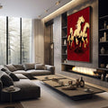 Quadro Decorativo Cavalos em Dourado | quadros decorativos premium | Três cavalos em tons dourados em composição dinâmica contra fundo vermelho intenso | em ambiente 4 | Porao dos Quadros