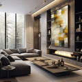 Quadro Decorativo Abstrato Moderno | quadros decorativos premium | Composição abstrata com blocos de amarelo, cinza e branco em movimento visual equilibrado | em ambiente 4 | Porao dos Quadros