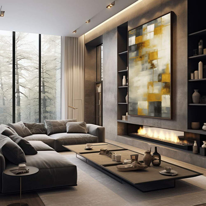 Quadro Decorativo Abstrato Moderno | quadros decorativos premium | Composição abstrata com blocos de amarelo, cinza e branco em movimento visual equilibrado | em ambiente 4 | Porao dos Quadros
