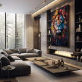 Quadro Decorativo Leão Majestoso e Vibrante | quadros decorativos premium | Leão majestoso com tons vibrantes e efeito explosivo em estilo expressionista abstrato | em ambiente 4 | Porao dos Quadros