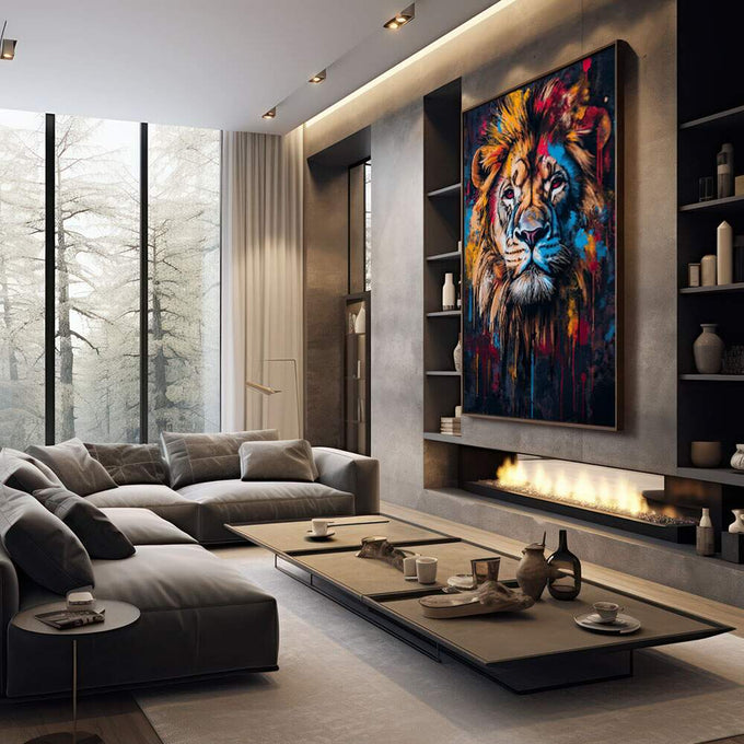 Quadro Decorativo Leão Majestoso e Vibrante | quadros decorativos premium | Leão majestoso com tons vibrantes e efeito explosivo em estilo expressionista abstrato | em ambiente 4 | Porao dos Quadros