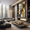 Quadro Decorativo - Retrato Feminino Luz e Reflexão | quadros decorativos premium | Retrato feminino geométrico em amarelo, preto e branco com linhas arquitetônicas | em ambiente 4 | Porao dos Quadros