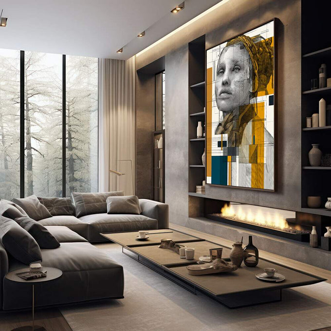 Quadro Decorativo - Retrato Feminino Luz e Reflexão | quadros decorativos premium | Retrato feminino geométrico em amarelo, preto e branco com linhas arquitetônicas | em ambiente 4 | Porao dos Quadros