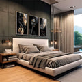 Quadro Decorativo: Beleza Dourada - Luxo e Sofisticação | quadros decorativos premium | Triptado com mulheres em preto com detalhes em folha de ouro e moldura dourada. | em ambiente 4 | Porao dos Quadros