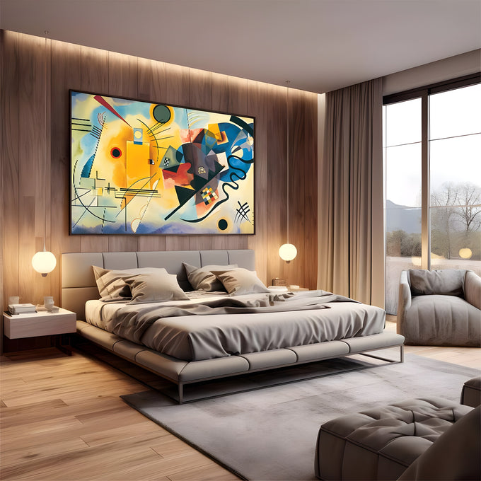 Pintura abstrata de Kandinsky com formas geométricas em amarelo, vermelho e azul, quadro decorativo