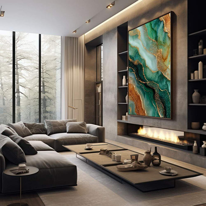 Quadro Decorativo Fluidez Abstrata | quadros decorativos premium | Abstrato geológico em verde profundo, dourado luminoso e detalhes brilhantes em composição fluida | em ambiente 4 | Porao dos Quadros