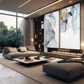 Quadro Decorativo Abstração Mármore e Cores Vibrantes | quadros decorativos premium | Duas telas abstratas em cinza, branco e dourado com linhas sinuosas e composição minimalista sofisticada | em ambiente 4 | Porao dos Quadros
