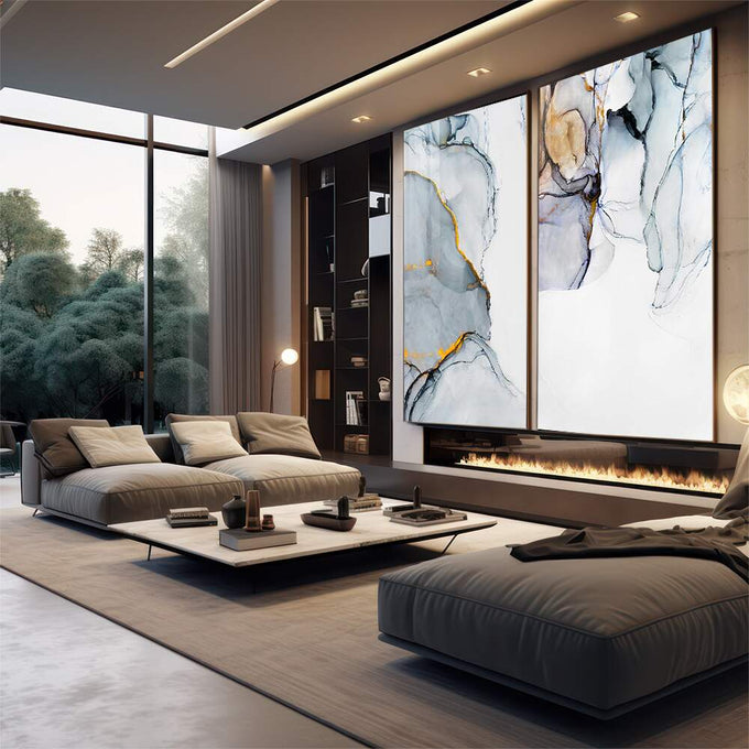 Quadro Decorativo Abstração Mármore e Cores Vibrantes | quadros decorativos premium | Duas telas abstratas em cinza, branco e dourado com linhas sinuosas e composição minimalista sofisticada | em ambiente 4 | Porao dos Quadros