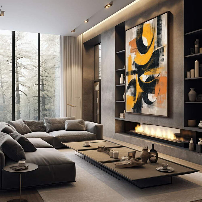 Quadro Decorativo Abstrato Energizante | quadros decorativos premium | Composição abstrata com círculos e formas geométricas em amarelo, preto e branco com textura dinâmica | em ambiente 4 | Porao dos Quadros