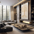 Quadro Decorativo Raízes da Existência Arte Elegante e Contemporânea | quadros decorativos premium | Árvore da vida com raízes em relevo bege e creme em composição vertical simétrica | em ambiente 4 | Porao dos Quadros