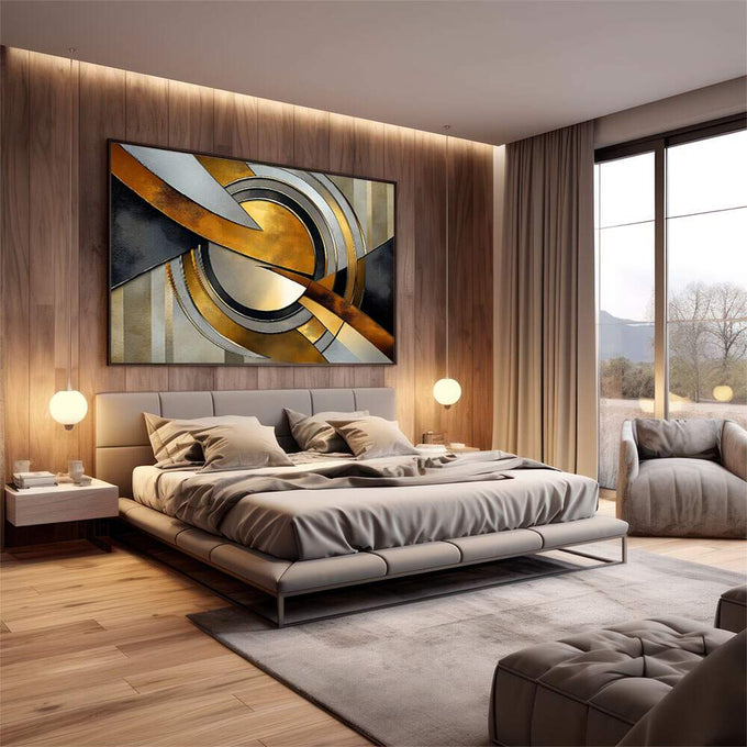 Quadro Abstrato Luxuoso com Dourado e Preto | quadros decorativos premium | Composição abstrata geométrica em dourado, preto e bege com formas circulares entrelaçadas e pinceladas dinâmicas | em ambiente 4 | Porao dos Quadros