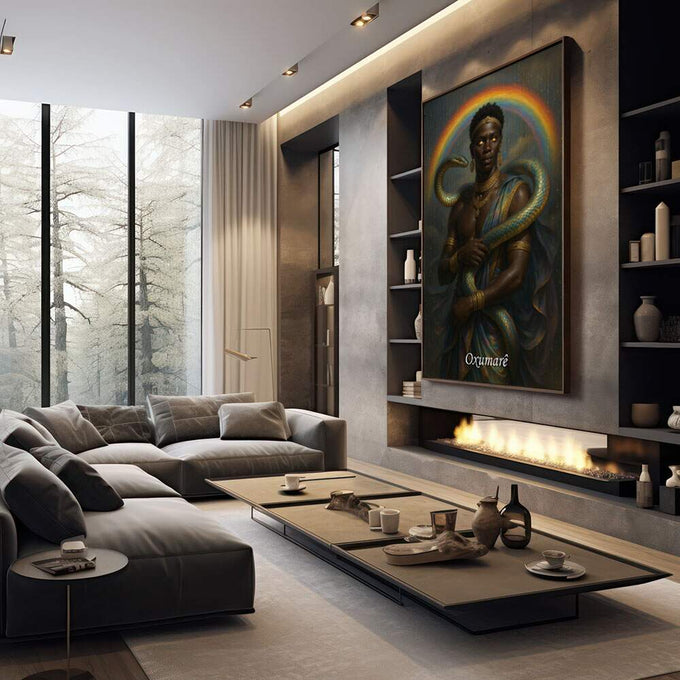 Quadro Decorativo Orixá Oxumarê: Renovação e Luz | quadros decorativos premium | Orixá com pele negra envolvido por serpente dourada em halo luminoso divino | em ambiente 4 | Porao dos Quadros