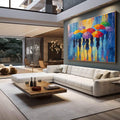 Quadro Decorativo Mulheres Arte Vibrante da Cidade Colorida | quadros decorativos premium | Silhuetas sob guarda-chuvas coloridos em chuva com tons azuis, laranjas e amarelos. | em ambiente 4 | Porao dos Quadros