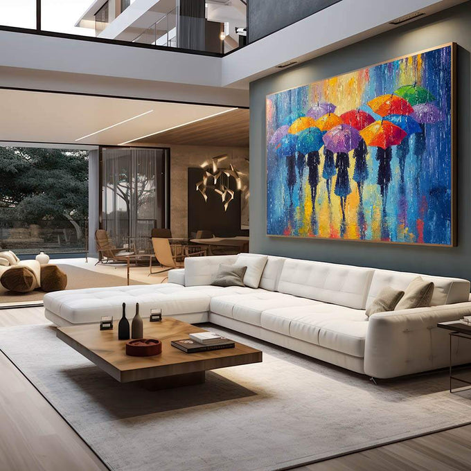 Quadro Decorativo Mulheres Arte Vibrante da Cidade Colorida | quadros decorativos premium | Silhuetas sob guarda-chuvas coloridos em chuva com tons azuis, laranjas e amarelos. | em ambiente 4 | Porao dos Quadros