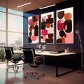 Quadro Decorativo Três Painéis Abstrato | quadros decorativos premium | Composição abstrata com formas geométricas em rosa, laranja, marrom e preto sobre fundo claro | em ambiente 4 | Porao dos Quadros