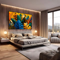 Folhas tropicais azuis, verdes e amarelas com prédios estilizados em fundo amarelo, quadro decorativo