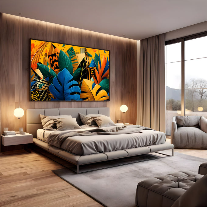 Folhas tropicais azuis, verdes e amarelas com prédios estilizados em fundo amarelo, quadro decorativo