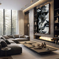 Quadro Decorativo de Sabedoria Eterna | quadros decorativos premium | Busto de estátua clássica em preto e branco com detalhes cinzentos e expressão serena | em ambiente 4 | Porao dos Quadros