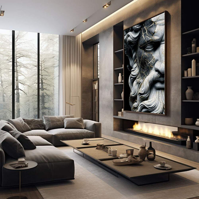 Quadro Decorativo de Sabedoria Eterna | quadros decorativos premium | Busto de estátua clássica em preto e branco com detalhes cinzentos e expressão serena | em ambiente 4 | Porao dos Quadros
