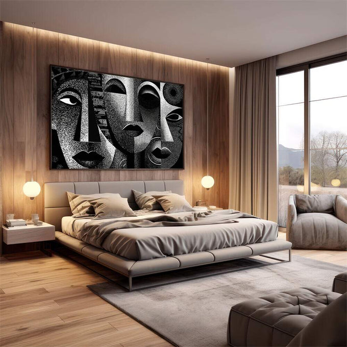 Quadro Decorativo Rostos Estilizados em Preto e Branco | quadros decorativos premium | Rostos abstratos em preto e branco com textura pontilhista em composição múltipla | em ambiente 4 | Porao dos Quadros