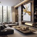 Quadro Decorativo Elegância Abstrata | quadros decorativos premium | Folhas em tons dourados com linhas abstratas e gestuais em composição dinâmica sobre fundo branco | em ambiente 4 | Porao dos Quadros