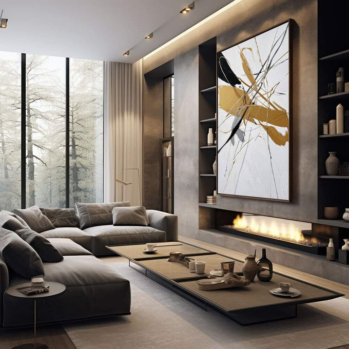 Quadro Decorativo Elegância Abstrata | quadros decorativos premium | Folhas em tons dourados com linhas abstratas e gestuais em composição dinâmica sobre fundo branco | em ambiente 4 | Porao dos Quadros