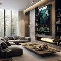 Quadro Decorativo Morcego vs Palhaço Épico | quadros decorativos premium | Dois personagens em confronto sobre tabuleiro de xadrez em tons verdes e pretos | em ambiente 4 | Porao dos Quadros