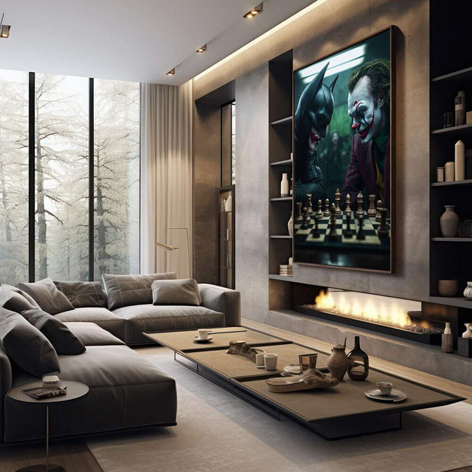 Quadro Decorativo Morcego vs Palhaço Épico | quadros decorativos premium | Dois personagens em confronto sobre tabuleiro de xadrez em tons verdes e pretos | em ambiente 4 | Porao dos Quadros