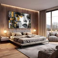 Rosto de mulher em traços preto e branco com detalhes dourados e mosaico geométrico, quadro decorativo