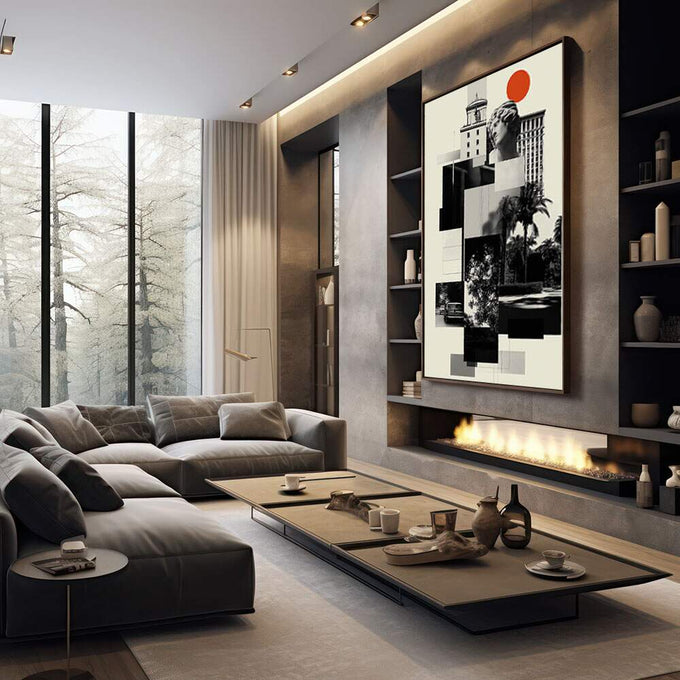 Quadro Decorativo Minimalista Moderno | quadros decorativos premium | Colagem urbana com busto clássico, edifícios e círculo vermelho vibrante em tons preto e branco. | em ambiente 4 | Porao dos Quadros