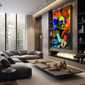 Quadro Decorativo Liberdade em Cores: Moderno Vibrante | quadros decorativos premium | Mulher com óculos neon em composição pop art colorida com formas geométricas vibrantes | em ambiente 4 | Porao dos Quadros