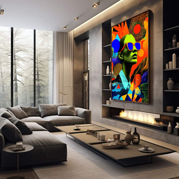 Quadro Decorativo Liberdade em Cores: Moderno Vibrante | quadros decorativos premium | Mulher com óculos neon em composição pop art colorida com formas geométricas vibrantes | em ambiente 4 | Porao dos Quadros