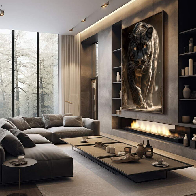 Quadro Decorativo Onça Negra Majestosa | quadros decorativos premium | Rinoceronte em tons sépia com iluminação dramática em composição fotográfica realista. | em ambiente 4 | Porao dos Quadros