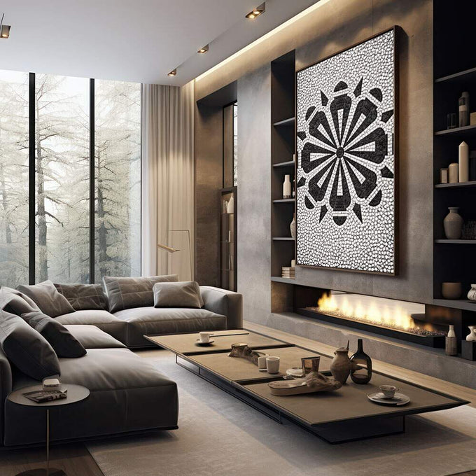 Quadro Decorativo Geométrico Preto e Branco | quadros decorativos premium | Mandala geométrica em preto e branco com triângulos e padrão circular texturizado | em ambiente 4 | Porao dos Quadros