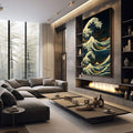 Quadro Decorativo Abstrato Onda de Impacto | quadros decorativos premium | Grande onda azul e dourada com espuma branca e Monte Fuji ao fundo em composição dramática | em ambiente 4 | Porao dos Quadros