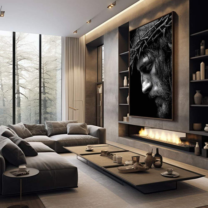 Quadro Decorativo Espiritualidade e Reflexão | quadros decorativos premium | Rosto masculino em perfil com coroa de galhos retorcidos em preto e branco. | em ambiente 4 | Porao dos Quadros