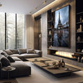 Quadro Decorativo Torre Eiffel Nostálgica | quadros decorativos premium | Torre Eiffel molhada na chuva com reflexos em água sob céu cinzento | em ambiente 4 | Porao dos Quadros
