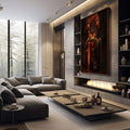 Quadro Decorativo Ajoelhado do Cavaleiro | quadros decorativos premium | Leão guerreiro com olhos flamejantes em dourado, portando espada vermelha incandescente e armadura detalhada. | em ambiente 4 | Porao dos Quadros