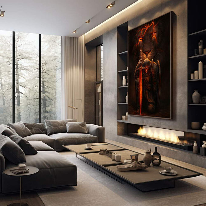Quadro Decorativo Ajoelhado do Cavaleiro | quadros decorativos premium | Leão guerreiro com olhos flamejantes em dourado, portando espada vermelha incandescente e armadura detalhada. | em ambiente 4 | Porao dos Quadros