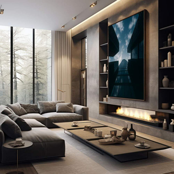 Quadro Decorativo Edifícios em Visão Moderna | quadros decorativos premium | Perspectiva arquitetônica de edifícios altos em tons azuis com céu nublado | em ambiente 4 | Porao dos Quadros