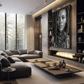 Quadro Decorativo Mulher Forte em Preto e Branco | quadros decorativos premium | Retrato de mulher africana com tatuagens rituais em preto e branco com composição contemplativa | em ambiente 4 | Porao dos Quadros