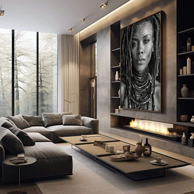 Quadro Decorativo Mulher Forte em Preto e Branco | quadros decorativos premium | Retrato de mulher africana com tatuagens rituais em preto e branco com composição contemplativa | em ambiente 4 | Porao dos Quadros