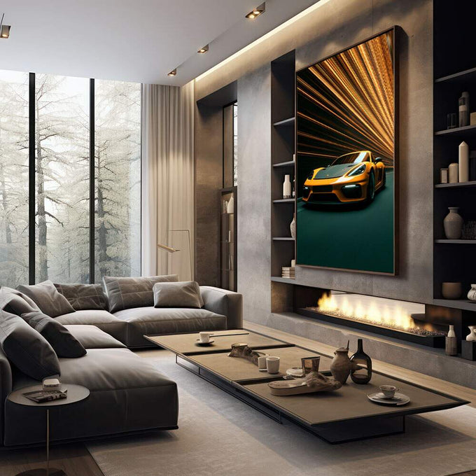 Quadro Decorativo Carro Adrenalina em Movimento | quadros decorativos premium | Porsche dourado com luzes abstratas em movimento e fundo verde escuro | em ambiente 4 | Porao dos Quadros
