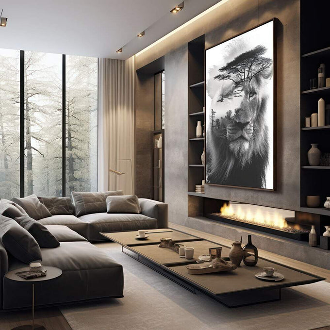 Quadro Decorativo Leão e Natureza | quadros decorativos premium | Leão em preto e branco com silhueta de árvore em dupla exposição artística | em ambiente 4 | Porao dos Quadros