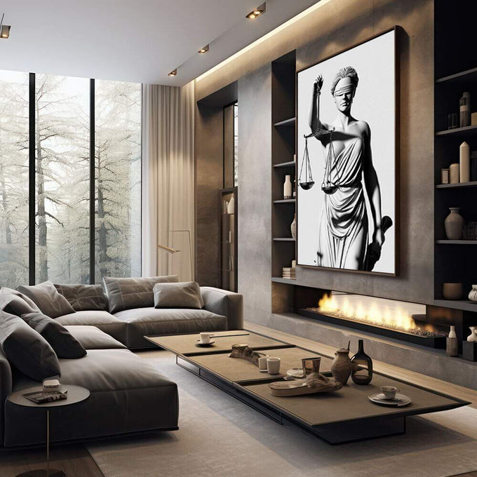 Quadro Decorativo A Justiça em Grande Estilo | quadros decorativos premium | Deusa Justiça com venda, espada e balança em traço realista preto e branco. | em ambiente 4 | Porao dos Quadros