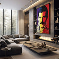 Quadro Decorativo - Retrato Musical Pop Arte | quadros decorativos premium | Retrato fragmentado em cores vibrantes com pop art vermelho, amarelo, roxo e branco em composição geométrica. | em ambiente 4 | Porao dos Quadros