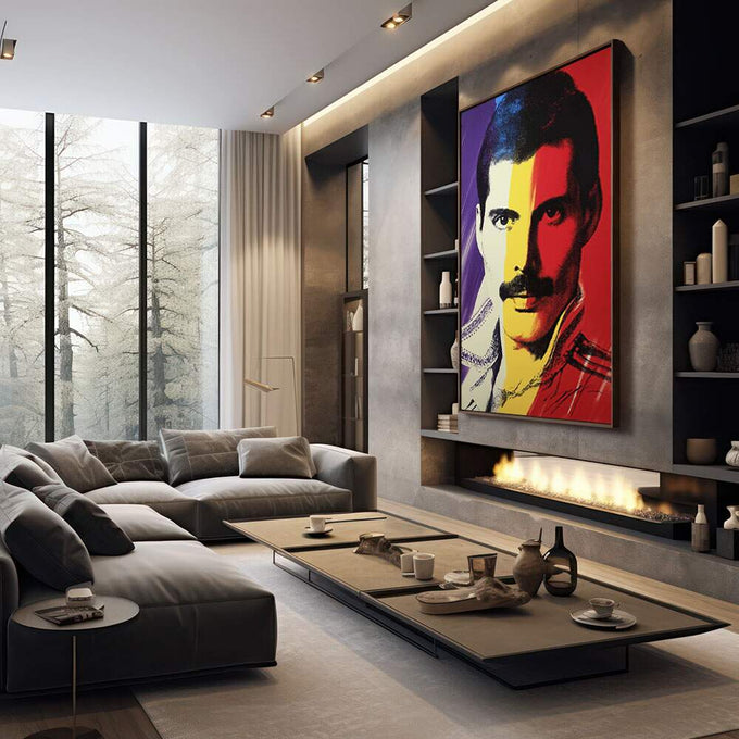 Quadro Decorativo - Retrato Musical Pop Arte | quadros decorativos premium | Retrato fragmentado em cores vibrantes com pop art vermelho, amarelo, roxo e branco em composição geométrica. | em ambiente 4 | Porao dos Quadros