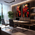 Quadro Decorativo Arte de Rostos Estilizados | quadros decorativos premium | Máscaras abstratas em vermelho e dourado com composição geométrica moderna e sofisticada | em ambiente 4 | Porao dos Quadros