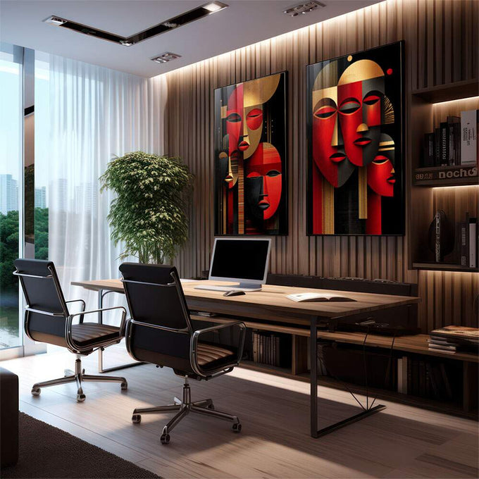 Quadro Decorativo Arte de Rostos Estilizados | quadros decorativos premium | Máscaras abstratas em vermelho e dourado com composição geométrica moderna e sofisticada | em ambiente 4 | Porao dos Quadros